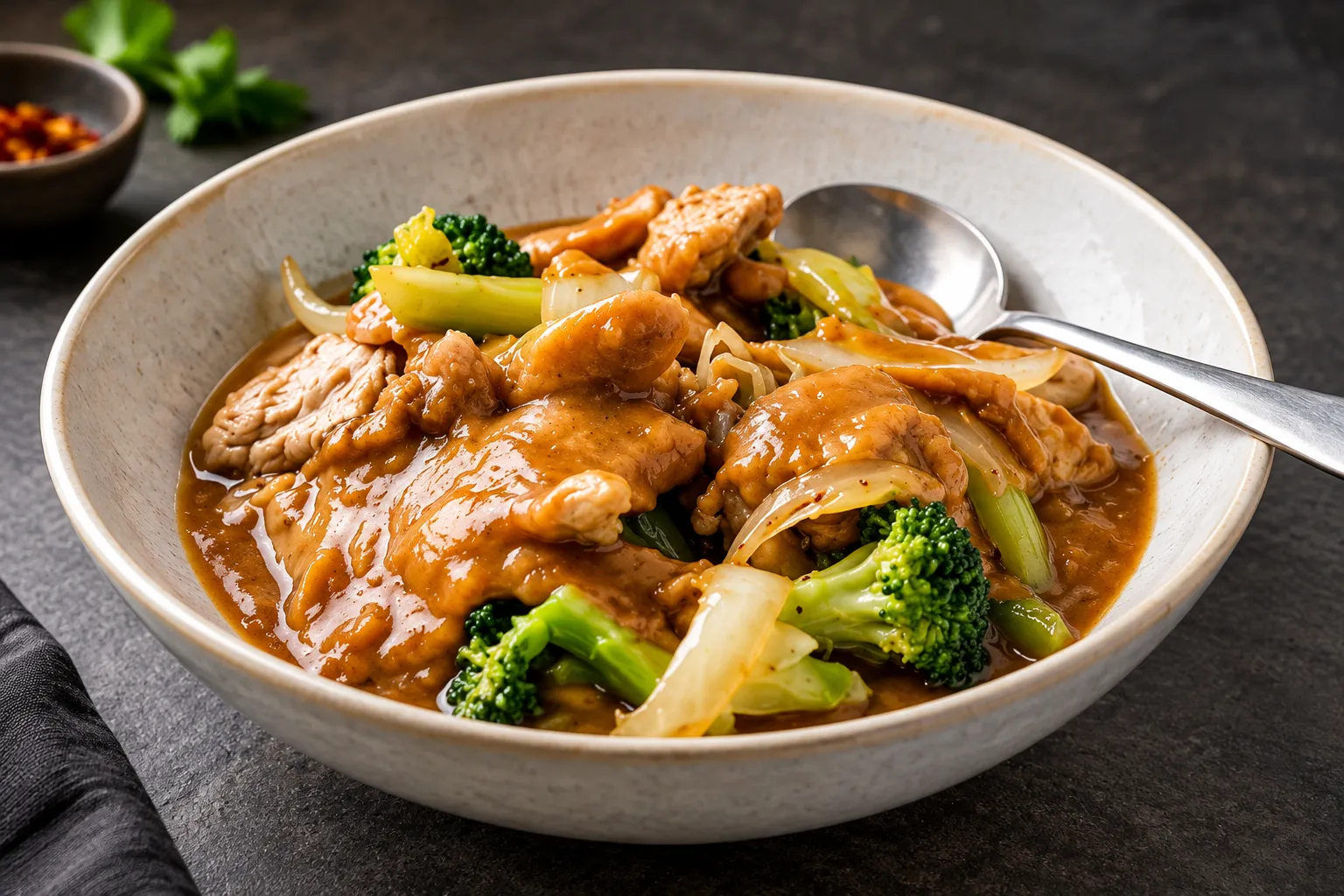 Thai peanut sauce stir-fry with vegetables at Bangkok Thai Restaurant in Winnipeg